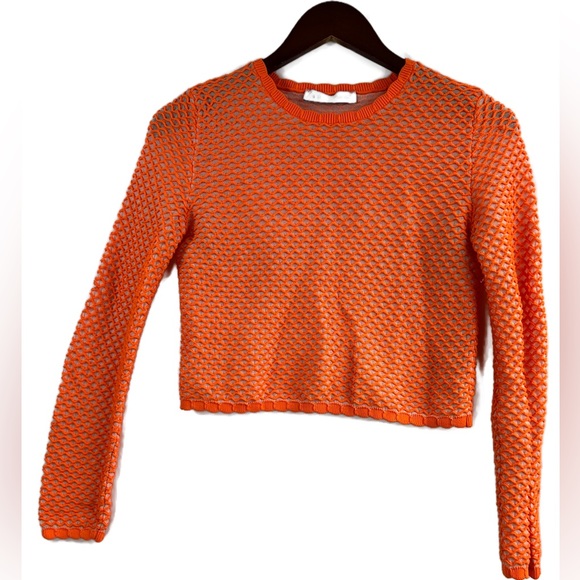 Zara Neon Orange Fishnet Cropped Sweater Size Small - Picture 3 of 11